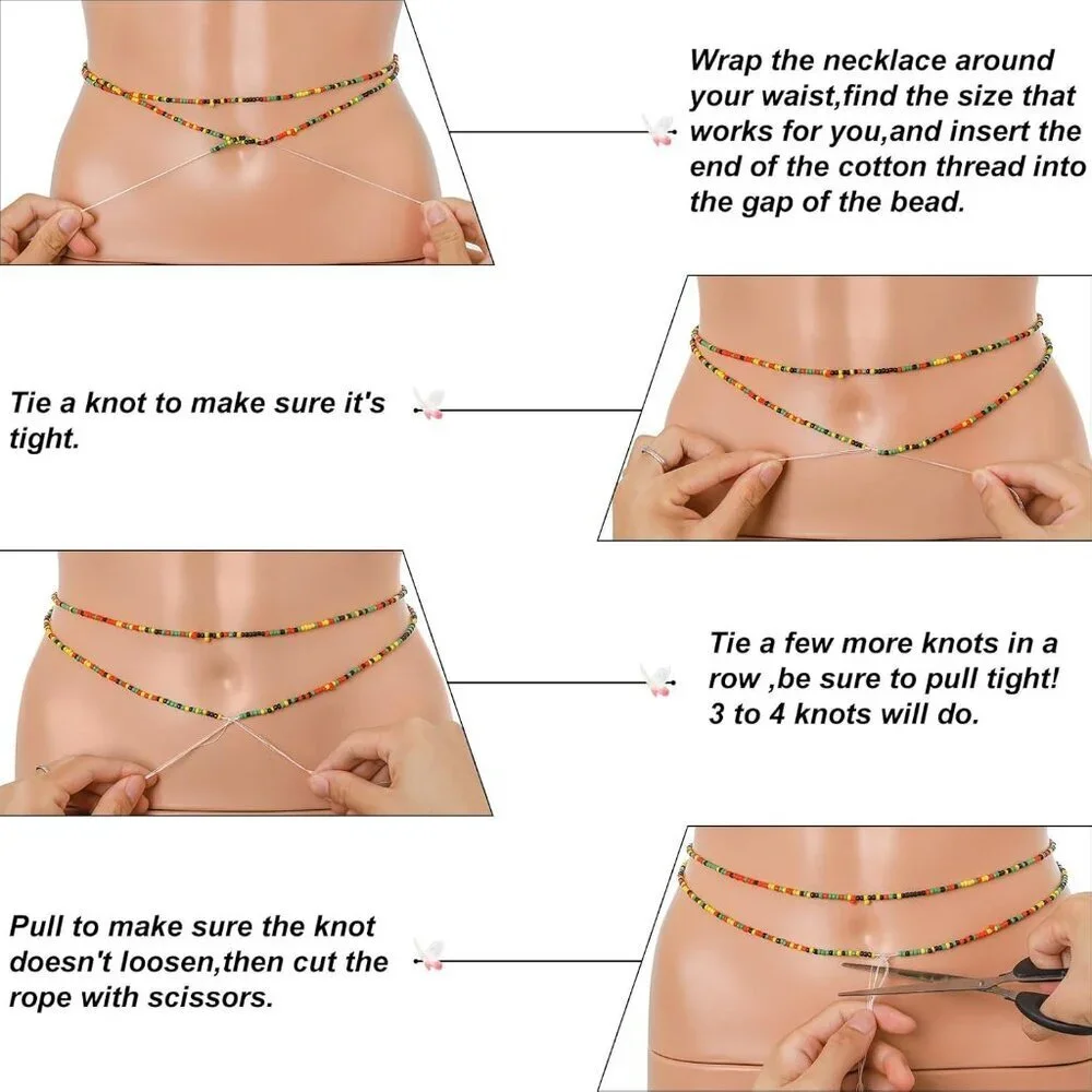 Tie-on African Waist Beads for Women Non Stretching 8Pcs Belly Beads Plus Size C
